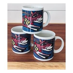 Lemley Reindeer Christmas Mug Coffee Signed Abstract Art Ceramic Cup Set of 3